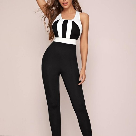 Black and White Crisscross Backless Unitard Jumpsuit - Picture 2 of 5